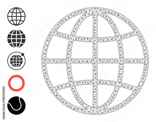 Vector global sphere mesh icon structure. Abstract flat mesh global sphere, created from flat mesh. Mesh carcass global sphere icon image in lowpoly style with organized lines and other objects.