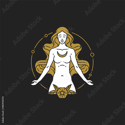 Esoteric line art outline logo woman goddess at circle frame meditating with half moon and flower