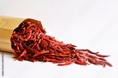 Brown paper bag of red dried chili pepper lying on the floor photo isolate on white front view copy space