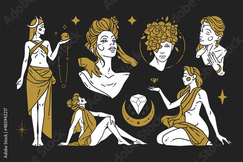 Woman esoteric cotoured golden black minimalist logo set vector illustration female antique goddess