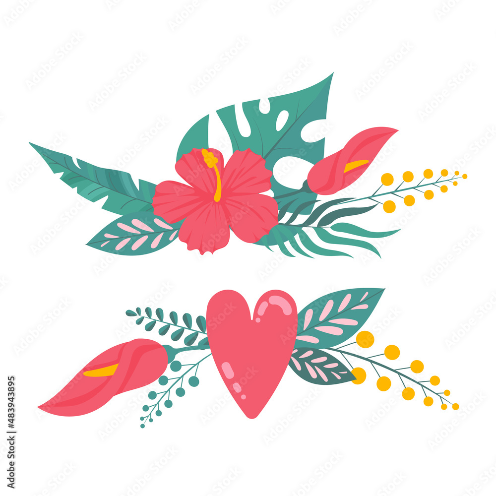 Composition of bouquet with hibiscus flowers with pink petals, tropical leaves, and floral elements on white background. Summer garden and wild flowers. Flowers esign composition with vector botanical