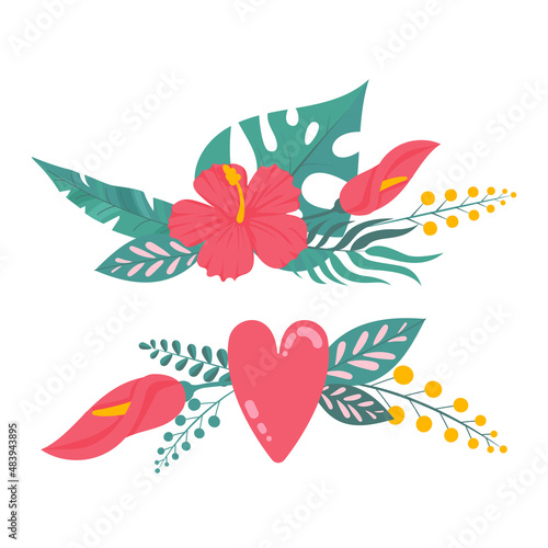 Composition of bouquet with hibiscus flowers with pink petals, tropical leaves, and floral elements on white background. Summer garden and wild flowers. Flowers esign composition with vector botanical