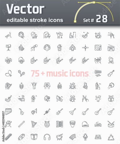 Vector editable stroke line icon set of musicians playing instruments
