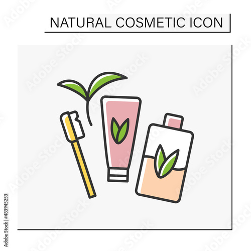 Cosmetology color icon. Toothbrush, toothpaste and mouthwash. Tooth disinfection. Natural cosmetic concept. Isolated vector illustration