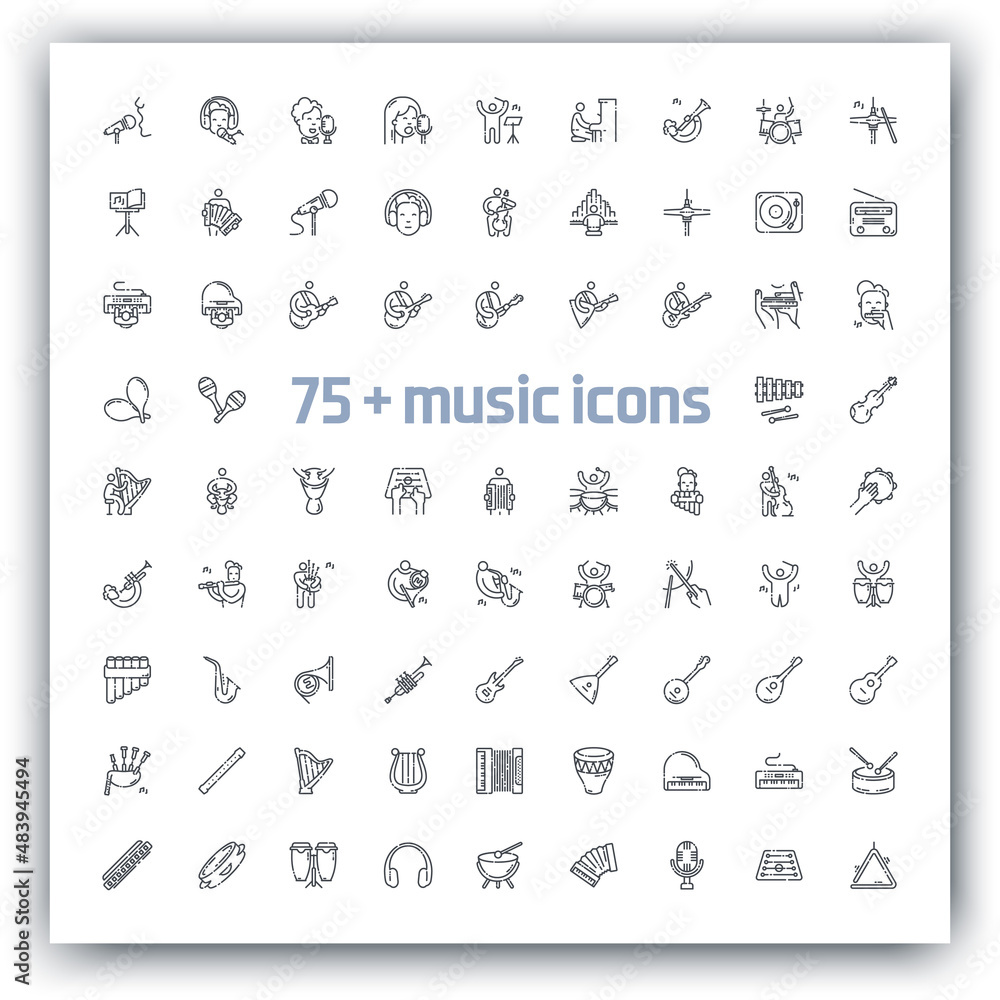 Vector line icon set of musicians playing different musical instruments Vector line icon set of musicians playing different musical instruments