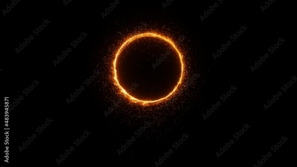 Fantastic magic portal on black background. Detailed UHD animation with intro and outro. Orange fire ring with sparkles falling down. Teleportation process.