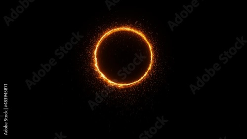 Fantastic magic portal on black background. Detailed UHD animation with intro and outro. Orange fire ring with sparkles falling down. Teleportation process.