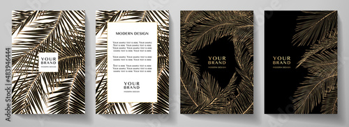 Tropical cover, frame design set with line palm leaf pattern (gold palm tree leaves). Premium golden vector on white and black background for brochure template, exotic restaurant menu, invitation