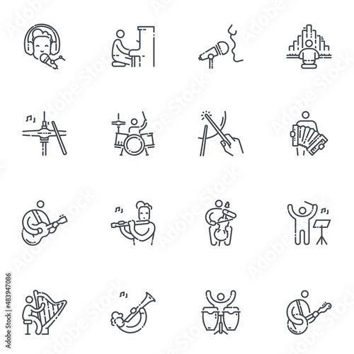 Vector editable stroke line icon set of musicians playing