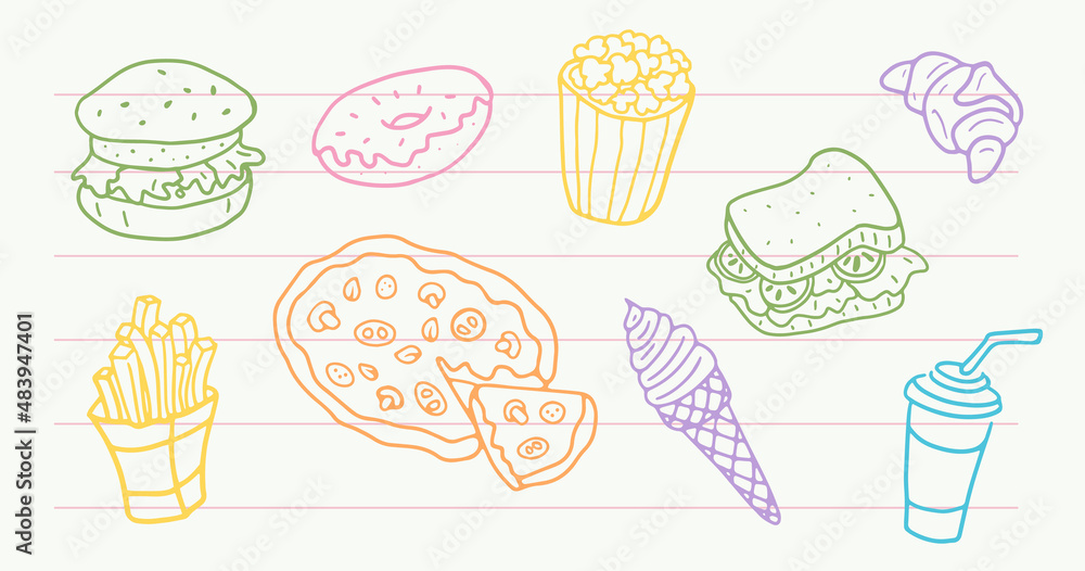 Fast Food Set in Doodle style. Hand drawn Illustration. Isolated vector.	