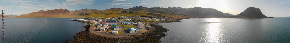 Aerial view of beautiful Grundar Fjord and Kirkjuefell Mountain in summer season, Iceland. Aerial view of beautiful Grundar Fjord and Kirkjuefell Mountain in summer season, Iceland.