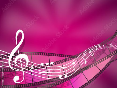 cinema and music background with filmstrips and treble clef with sound notes, soundtrack background with waving musical lines and note. vector illustration