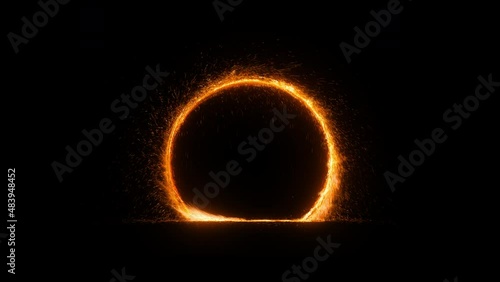 Fantastic magic portal on black background. UHD seamless looped animation. Orange fire ring with sparkles bouncing off the ground.
