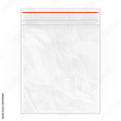 Blank Flat Poly Clear Bag Empty Plastic Polyethylene Pouch Packaging With Zipper  Ziplock. Illustration Isolated On White Background. Mock Up Template. Ready For Your Design. Vector EPS10