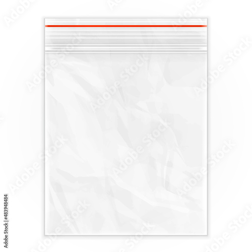 Blank Flat Poly Clear Bag Empty Plastic Polyethylene Pouch Packaging With Zipper, Ziplock. Illustration Isolated On White Background. Mock Up Template. Ready For Your Design. Vector EPS10