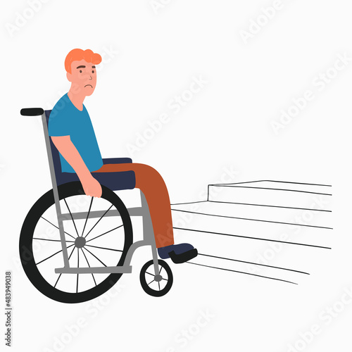 Person on wheel chair moving to accessible building entrance with ramp. Disabled people inclusion concept. Flat vector illustration isolated on white background