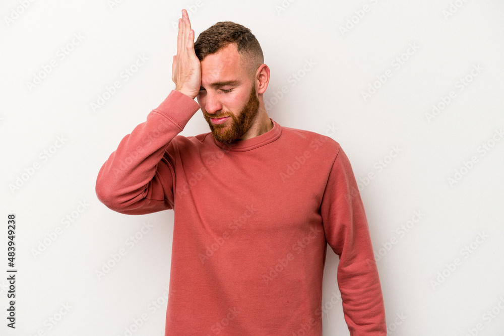 Young caucasian man isolated on white background forgetting something, slapping forehead with palm and closing eyes. Young caucasian man isolated on white background forgetting something, slapping forehead with palm and closing eyes.