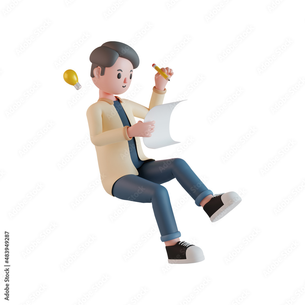 3d male character writing on paper. 3D illustration. 3d male character writing on paper. 3D illustration.