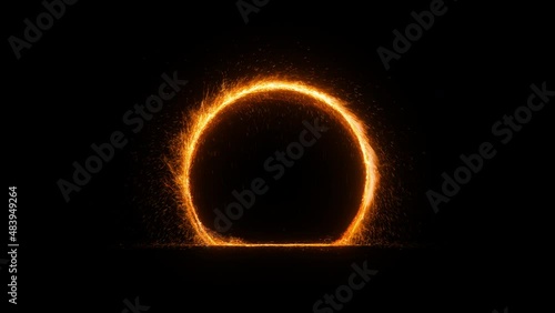 Fantastic magic portal on black background. Detailed UHD animation with intro and outro. Orange fire ring with sparkles bouncing off the ground. Teleportation process.