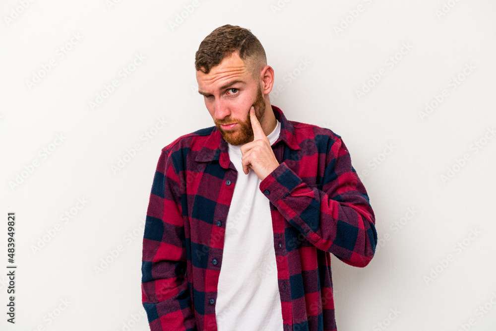 Young caucasian man isolated on white background contemplating, planning a strategy, thinking about the way of a business. Young caucasian man isolated on white background contemplating, planning a strategy, thinking about the way of a business.