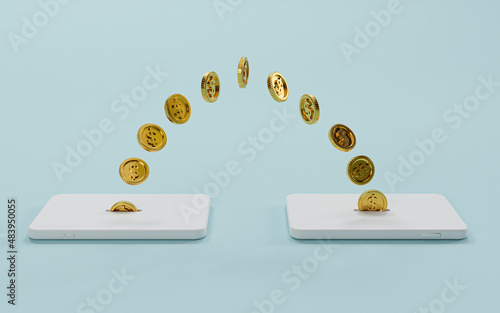 Canvastavla Golden coins moving between mobile phone for money transfer and internet mobile banking or electronic transaction concept by 3d render