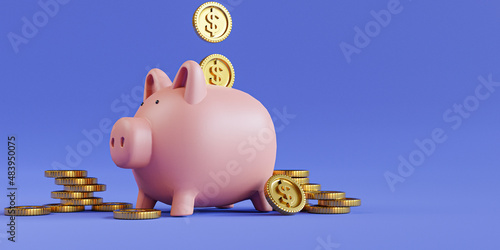 Golden coins putting to pink piggy save money on blue background for deposit and financial saving growth concept by 3d render Fototapeta