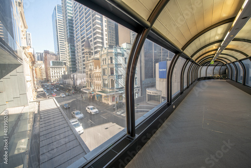 SYDNEY  AUSTRALIA - AUGUST 19  2018  Aerial pedestrian tunnel crossing major city street.