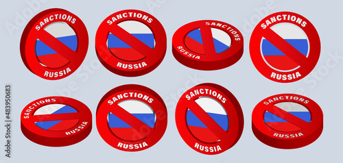3d set of round prohibitory red signs with a flag and an inscription, Russia and sanctions