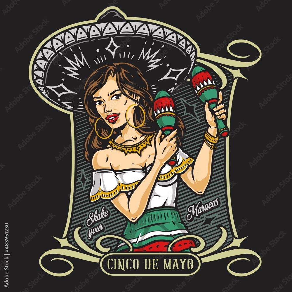 Mexican girl with maracas label
