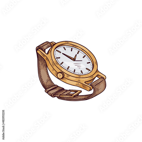 Men watches in classic design hand drawn engraving vector illustration isolated.