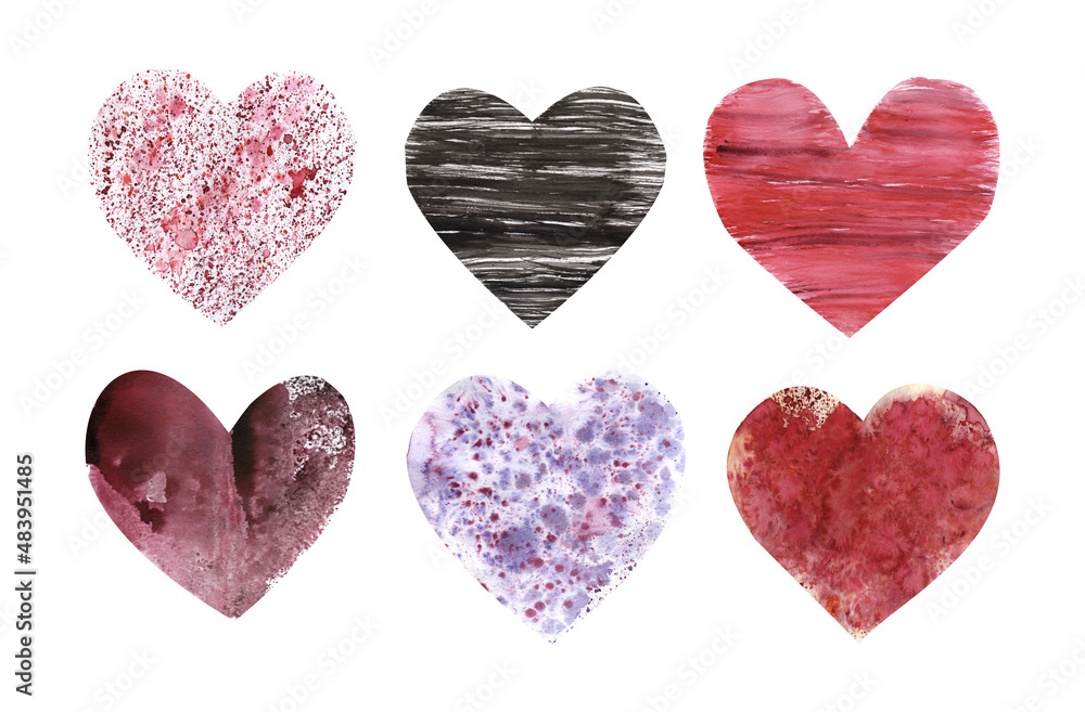 set of hearts, watercolor hearts,black, purple,red,abstract