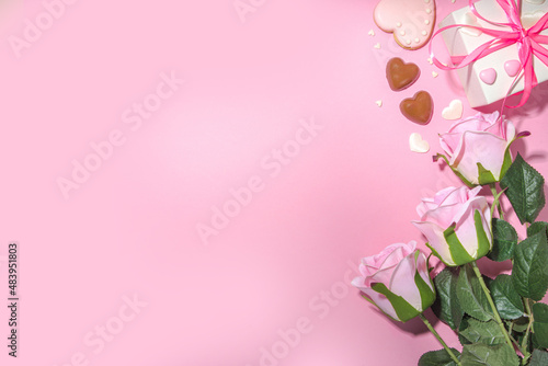 Pink and white spring holiday background with various cute tender flowers. Valentine day, international women's day 8 march, birthday, mother's day greeting card mockup top view flatlay frame © ricka_kinamoto