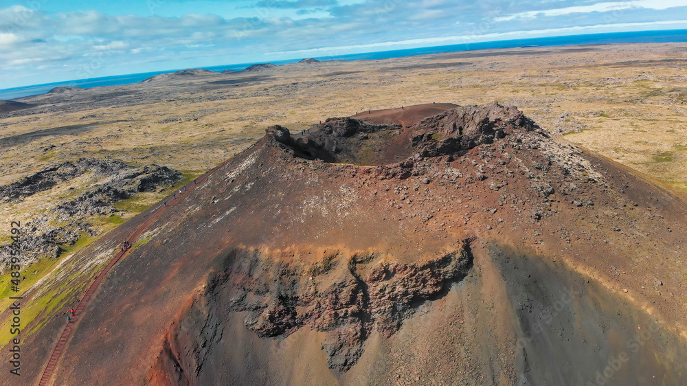 Saxholl Crater is a famous volcano in Iceland. Aerial view in summer season from drone.