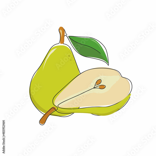 Green pear isolated on white background. Vector illustration. Cut green pear and half