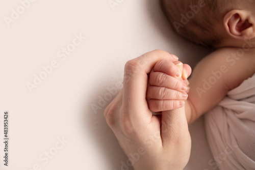 The hand of a sleeping newborn in the hand of mother and father close-up. Tiny fingers of a newborn. The family is holding hands. Studio macro photography. Concepts of family and love.