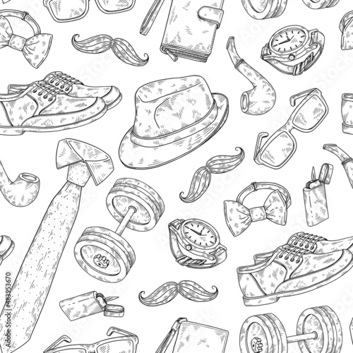 Seamless pattern with men fashion accessories, sketch style vector illustration.