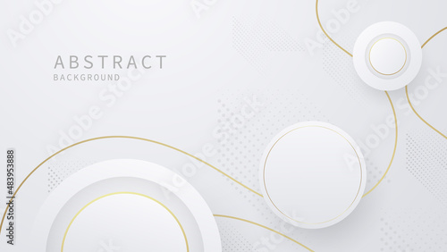 Modern luxury abstract background with golden line elements glowing pattern. Elegant curve geometric shapes on white background. Vector illustration for design.