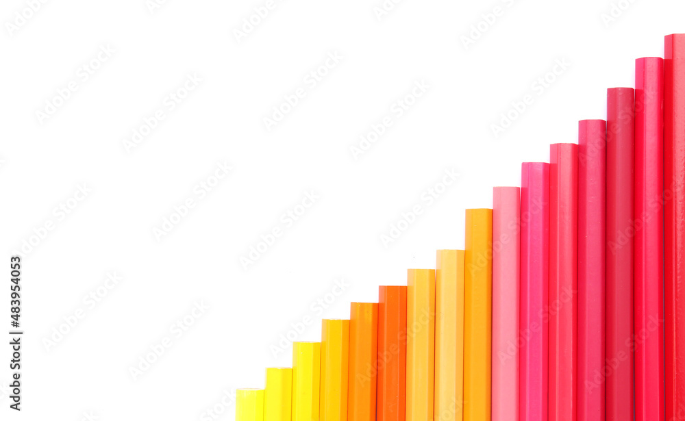 Obraz premium Colored pencils with isolated copy space on white background, educational frame concept.