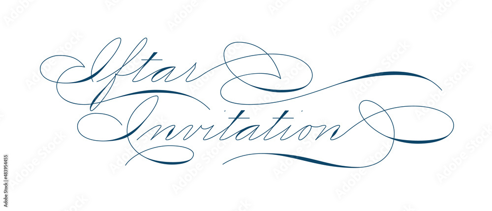 Modern Spencerian blue calligraphy Iftar Invitation with flourishes isolated on white background. Iftar is a traditional dinner during Ramadan month. Vector illustration. Modern Spencerian blue calligraphy Iftar Invitation with flourishes isolated on white background. Iftar is a traditional dinner during Ramadan month. Vector illustration.