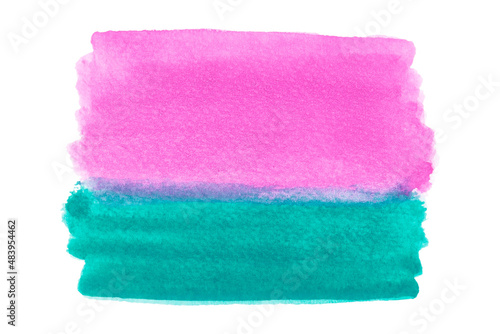 Hand painted pink and green watercolor paintbrush texture on white background