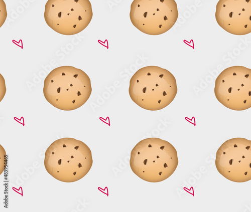 cookie pattern with chocolate chips and hearts on a gray background for postcards, clothes, pastel linen, etc. 