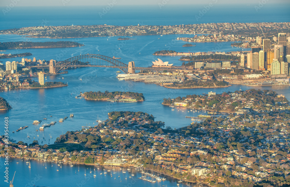 Aerial view of Sydney skyline from ariplane, New South Wales, Australia.