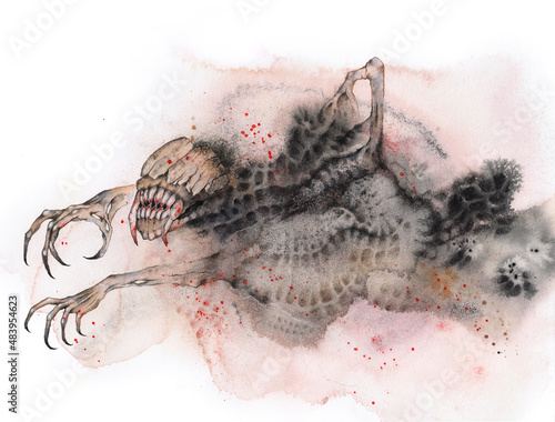 Creepy monster, dark fantasy with climbing demonic creature. Horror watercolor art © lumitar