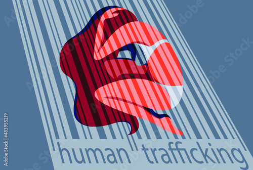 vector image on the topic of kidnapping and human trafficking, violence against women. the girl lying on the floor of the prison behind the prison bars.human slavery, forced prostitution, sexual abuse