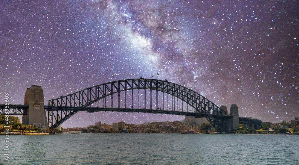 Obraz premium Panoramic view of Sydney Harbour Bridge on a starry night, New South Wales - Australia.