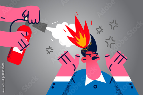 Colleague extinguish male coworker burning head