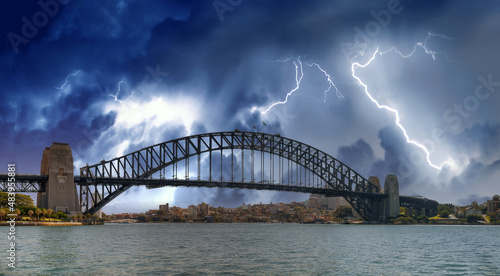Panoramic view of Sydney Harbour Bridge during a storm, New South Wales - Australia