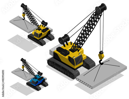 Isometric Heavy crane for moving heavy loads on construction site. Industrial machinery and equipment. Realistic 3D Vector Isolated on white back