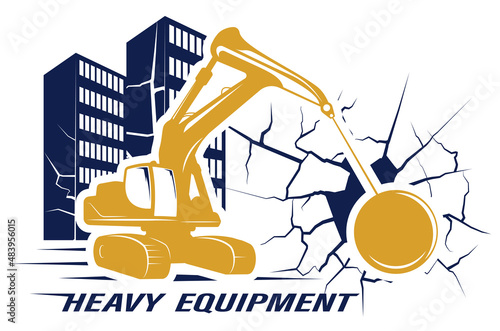 Heavy wall breaking tractor, demolition machine against back of old multi storey buildings. Emblem for construction equipment rental company. Isolated vector on white