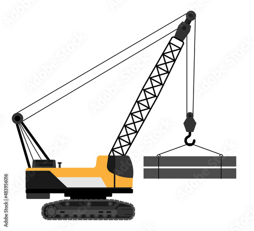 Heavy crane for moving heavy loads on construction site in flat. Industrial machinery and equipment. Vector Isolated on white back
